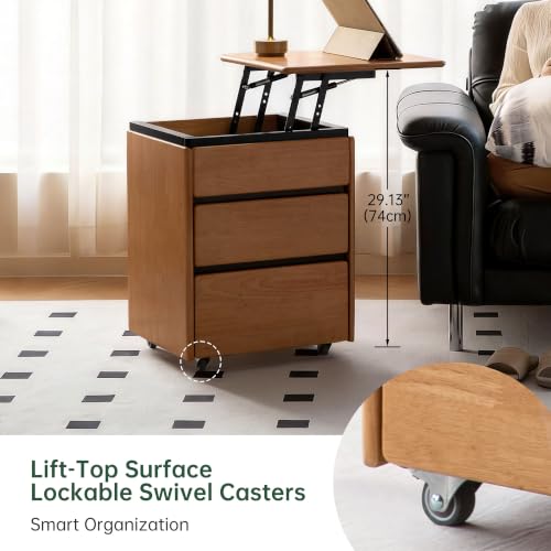 100% Solid Wood Swivel Lift Top Nightstand with Wheels, Rolling Side Table with 3 Drawers, No Assembly Mobile End Table Small Spaces, for Bedroom, Living Room - color: Natural, size: 1 pc(15.75"D x 17.72"W x 23.62"H)