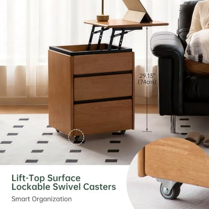 100% Solid Wood Swivel Lift Top Nightstand with Wheels, Rolling Side Table with 3 Drawers, No Assembly Mobile End Table Small Spaces, for Bedroom, Living Room - color: Natural, size: 1 pc(15.75"D x 17.72"W x 23.62"H)