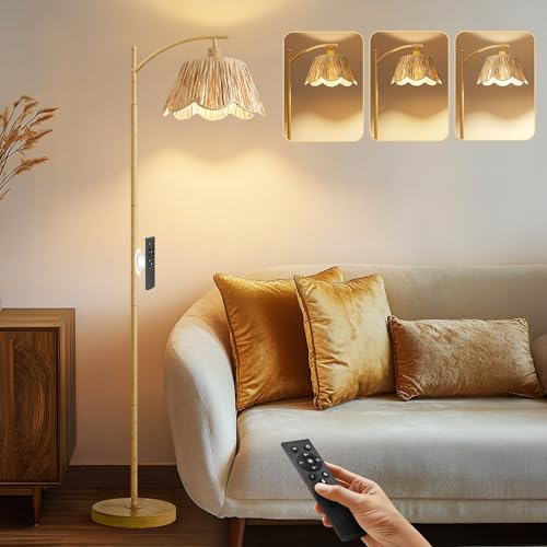 Arc Floor Lamp for Living Room with 3 Color Temperatures, Rattan Boho Floor Lamp with Remote & Dimmable Bulb, Farmhouse Floor Lamps Suitable for Bedroom, Study(Light Woodgrain) - color: Wood Brown
