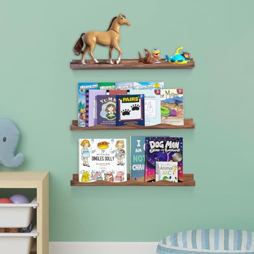 AZSKY Floating Bookshelf for Kids, Floating Shelves for Wall Cloud Picture Ledge Shelf Walnut 23.6 Inches Nursery Book Shelves Set 3, Baby Book Shelf for Toddler Room, Baby Room, Nursery Decor - color: Walnut, size: 24Inch