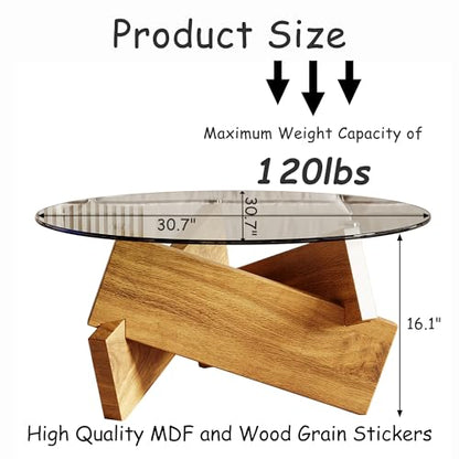 Honyee Modern Round Coffee Table, 30.7" x 30.7" x 16.1" Tempered Glass Top for Living Room, Color: Natural Wood - color: Natural Wood