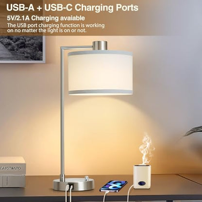 Silver Table Lamp Set of 2, Dimmable Bedside Lamps for Night Stand, USB A+C | Nightstand Lamp with Linen Lampshade, 2 LED Bulbs Included, Desk Lamp for Bedroom, Living Room, End Table, Reading , Office - color: Silver