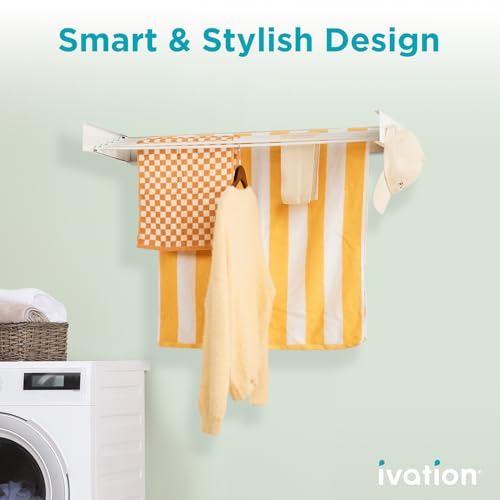 Ivation Retractable Wall Mounted Clothes Drying Rack, 40" Foldable Laundry Drying Rack for Clothing | Collapsible Space-Saving Design & 5 Rods | Easy Installation with Hardware & Wall Template (White) - size: 40 Inch