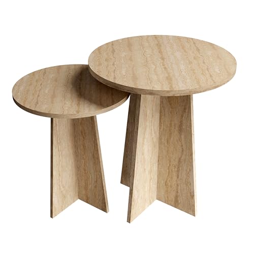 Travertine Efect Round Nesting Coffee Table Set of 2 Modern Coffee Table Small Side Table End Table for Living Room