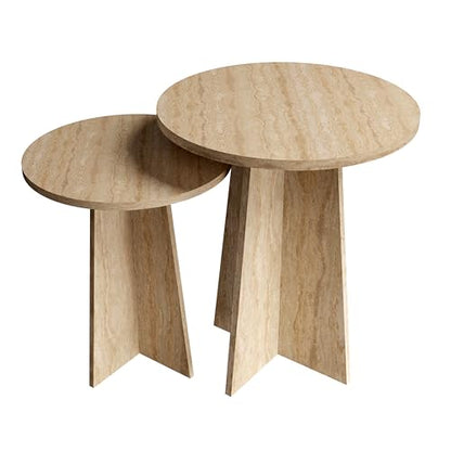 Travertine Efect Round Nesting Coffee Table Set of 2 Modern Coffee Table Small Side Table End Table for Living Room