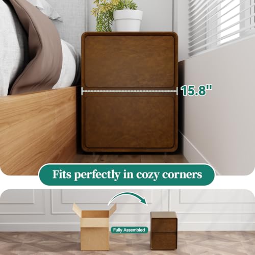 15.8" W Faux Leather Narrow Nightstand, Modern Fully-Assembled Bedside Table with 2 Drawers, Wood Night Stand Small Accent End Table & Side Table for Bedroom, Brown - color: Brown, size: 16in