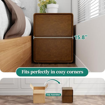 15.8" W Leather Narrow Nightstand Set of 2, Modern Fully-Assembled Bedside Table with 2 Drawers, Night Stand Small End Table & Side Table for Bedroom, Brown - color: Brown Set of 2, size: 16in