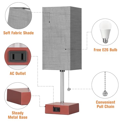 PLMMY Bedside Table Lamp for Bedroom Nightstand, 3 Color Pull Chain Nightstand Lamps Set of 2 with AC Outlets, Square Gray Lampshade Bedside Lamp for Living Room, Office Desk, LED Bulb Included - color: Gray Shade-Brown Base
