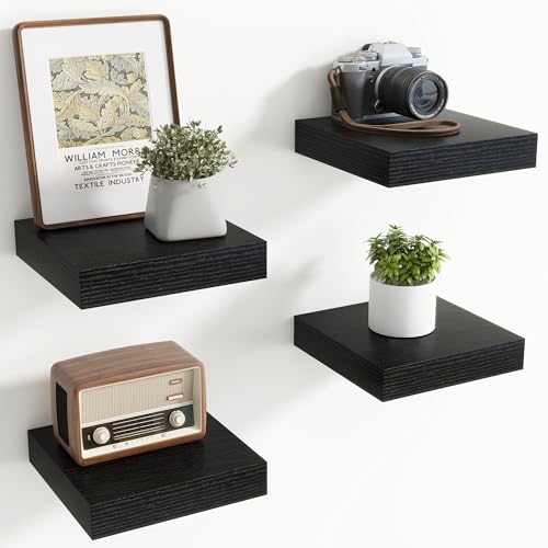 8Inch Square Floating shelves for Wall, 8In Deep, Invisible Brackets, Black | Rustic Wall Mounted Shelf, Storage & Display, Wooden Shelves for Living Room, Kitchen, Bathroom and Home Decor, Set of 4 - color: Black, size: 8 Inch, Set of 4