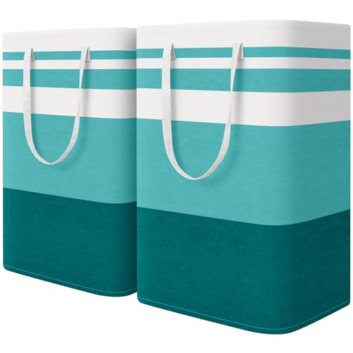 HomeHacks 2 Pack Large Laundry Baskets, Laundry Hampers Bags (Green 75Lx2) | Waterproof, Freestanding, Collapsible Clothes Hamper with Reinforced Handles in Laundry Room, Dorm, Bathroom, Bedroom - color: Green, size: 75L
