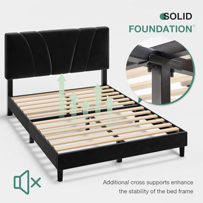 Novilla Queen Bed Frame, Queen Size Bed Frame with Wooden Slats Support, Velvet Upholstered Headboard, No Box Spring Needed, Heavy Duty Feet, Easy Assembly, Black Velvet - color: Black Velvet, size: Queen