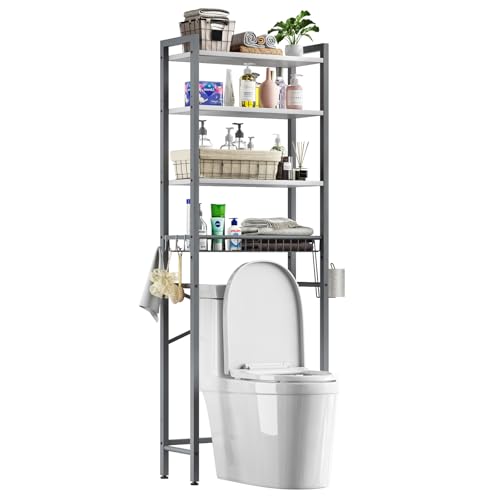 Kalrin Over-The-Toilet Storage Rack, 4-Tier Bathroom Organizer Shelf Over Toilet with Adjustable Shelf and Basket, Freestanding Space Saver Bathroom Shelves Above Toilet for Room (Gray- White) - color: Gray- White