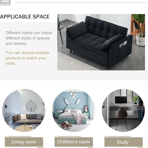 3 in 1 Convertible Sleeper Sofa Bed, Velvet Loveseat Futon Pull-Out Couch with Adjustable Reclining Backrest, Side Pockets and Pillows for Living Room, Bedroom, Apartment, Small Spaces (Black-Velvet) - color: Black-velvet