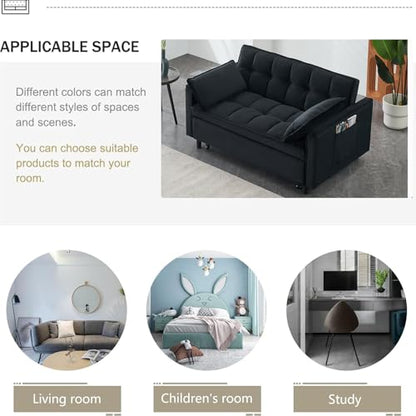 3 in 1 Convertible Sleeper Sofa Bed, Velvet Loveseat Futon Pull-Out Couch with Adjustable Reclining Backrest, Side Pockets and Pillows for Living Room, Bedroom, Apartment, Small Spaces (Black-Velvet) - color: Black-velvet