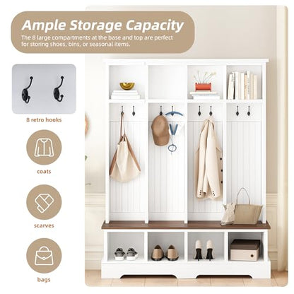 Merax Farmhouse Hall Tree with Bench and Shoe Storage, 59" Entryway Bench with Coat Rack, 8 Hooks and Top Compartments, 3-in-1 Entryway Hall Tree for Hallway, Living Room, White - color: White