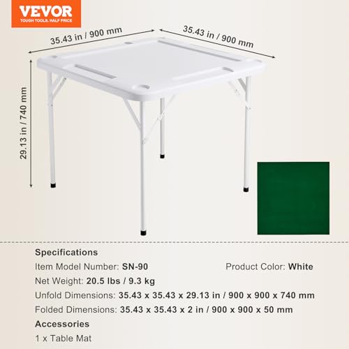 VEVOR Mahjong Table, 4 Player Folding Domino Table with Wear-Resistant Green Tabletop, Portable Square Card Table with 4 Cup Holders & 4 Chip Trays for Mahjong Poker Puzzles, 35.4 x 35.4-inch - color: Green