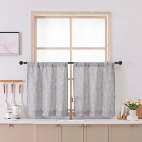 Chyhomenyc Short Curtains Tiers 30 Inch Length, 2 Packs | Light Filtering Faux Linen Half Window Cafe Curtains for Bathroom Laundry, Each 26Wx30L, Gray with Beige 3D Wave Line - color: Gray With Beige, size: 26"W x 30"L (Pack of 2)