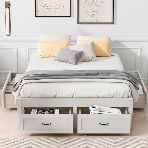 Full Bed Frame with 6 Storage Drawers and Without Headboard, Antique White | Wood storage platform bed with slat support, easy assembly for bedroom - color: Antique White, size: Full