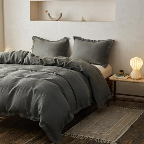 Simple&Opulence 100% Linen Duvet Cover Set with Crossed Embroidery Washed - 3 Pieces (1 Duvet Cover with 2 Pillow Shams) Soft Breathable Farmhouse - Cushing Green, Queen Size - color: Crossed-cushing Green, size: Queen