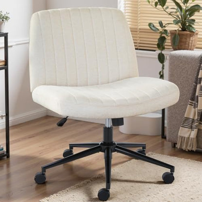 DUMOS Criss Cross Chair with Wheels, Wide Cross Legged Office Desk Vanity Chairs, Armless Height Adjustable Swivel Chairs for Home Computer Task, Fabric, Beige Wheel - color: Beige Wheel