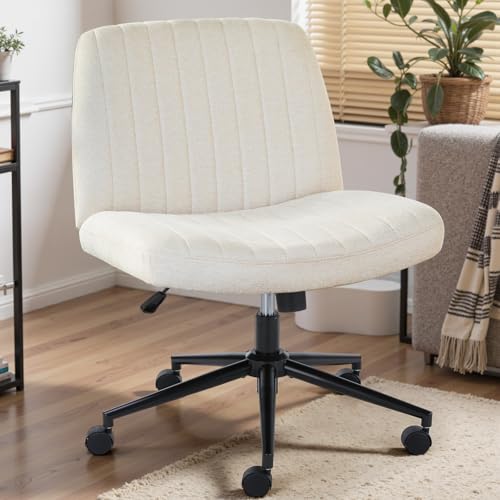 DUMOS Criss Cross Chair with Wheels, Wide Cross Legged Office Desk Vanity Chairs, Armless Height Adjustable Swivel Chairs for Home Computer Task, Fabric, Beige Wheel - color: Beige Wheel