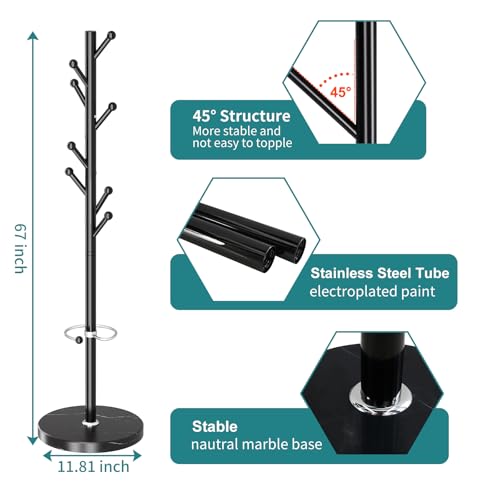 OIRUMIE Coat Rack,Metal Coat Rack Frestanding,Black Coat Stand for Entryway | Coat Rack Stand with Marble Base & Umbrella Holder,Modern Coat Hanger Stand,Coat Clothes Tree Stand for Hallway - color: Black-8 Hooks