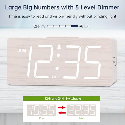 DreamSky Wooden Digital Alarm Clock with Wireless Charging for Bedroom | Bedside Nightstand Clock with Charger Station, USB Port, Large Numbers, Adjustable Volume, Brightness Dimmer, DST - color: White