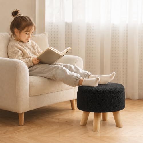 Simple Deluxe 13" Round Storage Ottoman with Wooden Legs & Dual-Use Tray Lid, Fluffy Teddy Boucle Ottoman Footstool for Bedroom, Living Room & Vanity, Black - color: Black