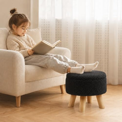Simple Deluxe 13" Round Storage Ottoman with Wooden Legs & Dual-Use Tray Lid, Fluffy Teddy Boucle Ottoman Footstool for Bedroom, Living Room & Vanity, Black - color: Black