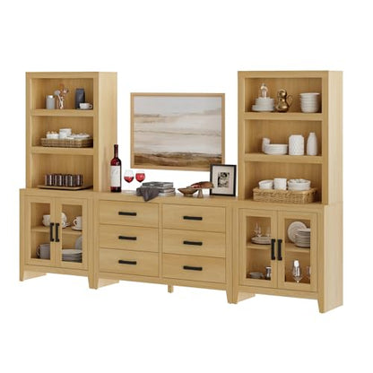 WAMPAT Farmhouse Entertainment Center with Bookshelves, TV Stand Set with Glass Doors & 6 Drawers, Wood Media Console for Living Room, Bedroom, Oak - color: Oak