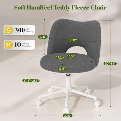 DurayLoly Vanity Chair with Open-Back & Wheels,Armless,Grey | 360° Silent Wheels,Comfy Teddy Fleece,Height Adjustable for Make-up Room,Bedroom,Dorm,Grey - color: Grey