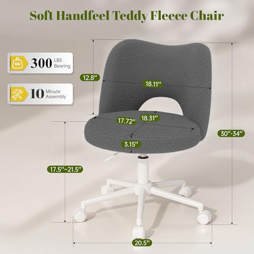 DurayLoly Vanity Chair with Open-Back & Wheels,Armless,Grey | 360° Silent Wheels,Comfy Teddy Fleece,Height Adjustable for Make-up Room,Bedroom,Dorm,Grey - color: Grey