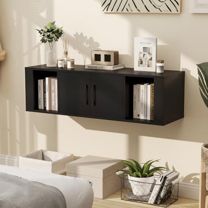 GOFLAME Floating TV Stand, Wall Mounted TV Console Table with Doors, Entertainment Media Center Under TV, Modern TV Cabinet for Living Room, Bedroom, Office, Black - color: Black