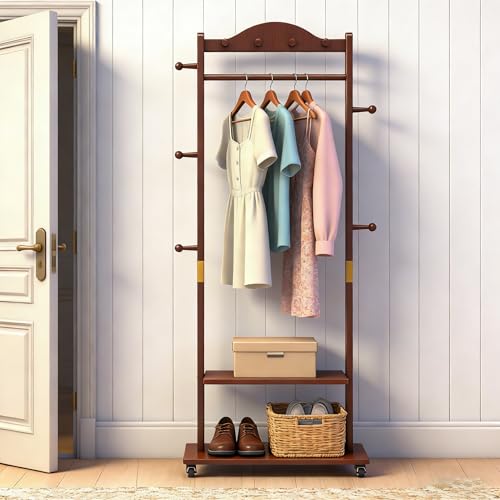 Solid Wood Clothing Rack, 2 Shelves Storage & 9 Hooks Heavy Duty Coat Rack Freestanding Wheels Clothes Rack Coat Tree Stand Hat Hanger Rack for Home Corner, Walnut - color: Walnut, size: M(L: 23.6" x W: 11" x H: 67")