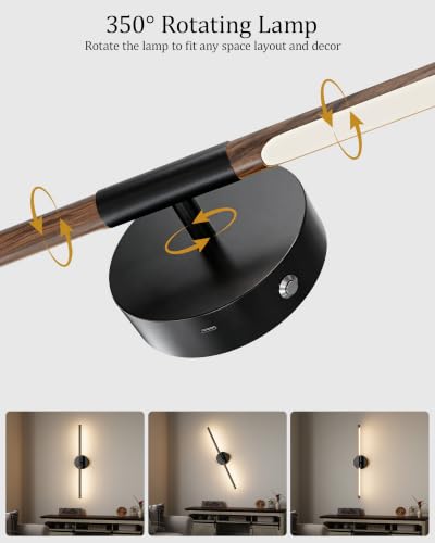 32" Battery Operated Wall Sconce Set of 2, 350° Rotating Lamp, Walnut Black | Wireless, 8000mAh Rechargeable Battery, Stepless Dimming, 3000K-6000K, Remote & Touch Control, Timer, Living Room, Bedroom - color: Walnut Black, size: 32 Inch (2 Pack)