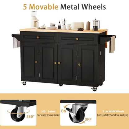 Kitchen Island Cart with Storage on Wheels, 59" Large Rolling Kitchen Island with Drop Leaf, Mobile Island for Kitchen with Towel Rack, Drawers for Dining Room, Black - size: 59.3" W, style: Black