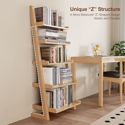 AQIMUELE Wooden Ladder Shelf with Edges, 5-Tier Modern Leaning Bookshelf Ladder – Stylish Space-Saving Bookcase for Living Room, Bedroom & Home Office - color: Natural