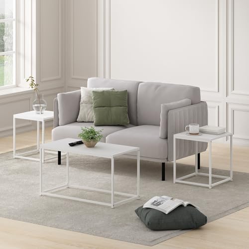 Furinno CAMNUS Coffee Table, Metal Frame Modern Center Table and Side Tables Set, Toolless Side Table Sets, for Living Room, Bedroom, Home Office, Solid White - color: Solid White/White, size: 3-in-1 Set (1 Coffee + 2 End Tables)