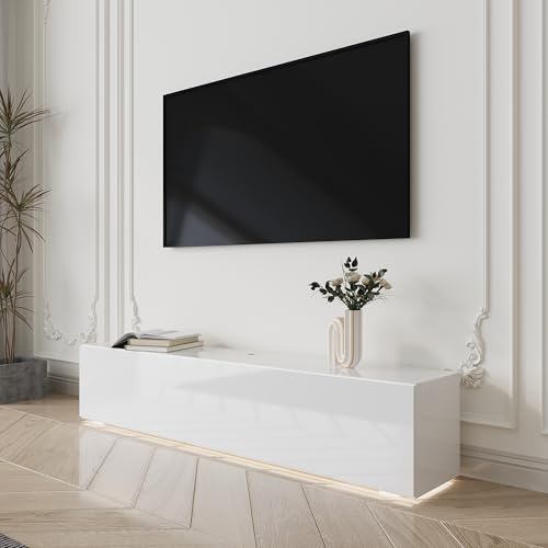 Floating TV Stand with LED for 60 65 70in TV, Glossy Wall Mounted Modern Entertainment Center with Storage, White - size: 63"W x 12"D x 13.5"H