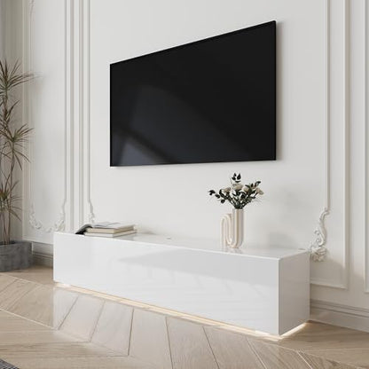 Floating TV Stand with LED for 60 65 70in TV, Glossy Wall Mounted Modern Entertainment Center with Storage, White - size: 63"W x 12"D x 13.5"H