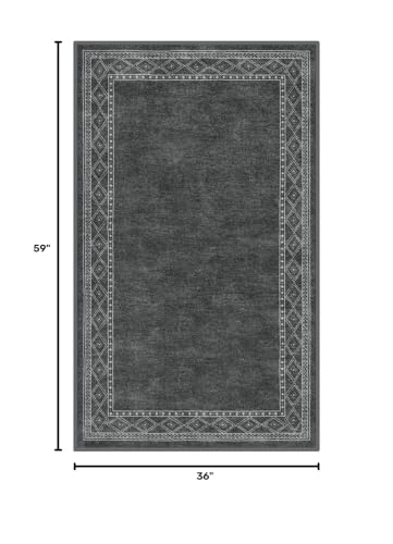Lahome Modern Bordered Machine Washable Rug, Ultra-Thin Soft 3x5 Rugs for Bedroom Entryway Living Room, Non-Slip Stain Resistant Small Carpet for Laundry Entry（3'x 5',Gray - color: Grey, size: 3' x 5'