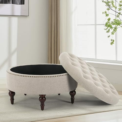 31.5"Large Round Storage Ottoman, Tufted Linen Ottoman Coffee Table | Upholstered Large Ottoman Footrest With Solid Wooden Legs and Nailheads for Living Room Bedroom Office, Light Khaki - color: Light Khaki