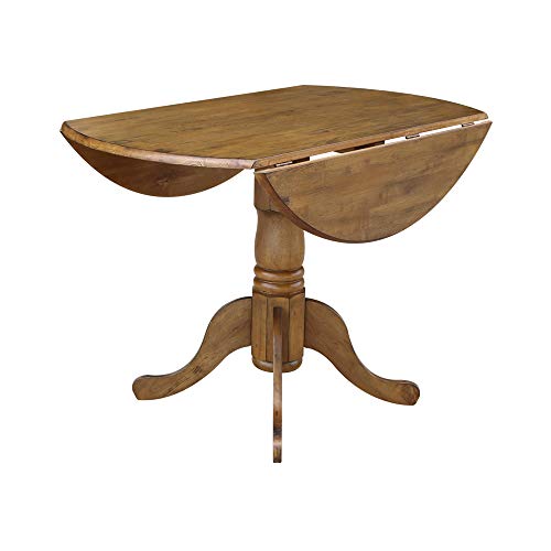 42" Round Dual Drop Leaf Pedestal Dining Table Solid Wood, Easy Assembly, Sturdy Parawood, Kitchen/Dining Room, 29.5"H x 42"W x 42"D, 20mm Thickness Top, Includes Two 9" Drop Leaves - color: Pecan