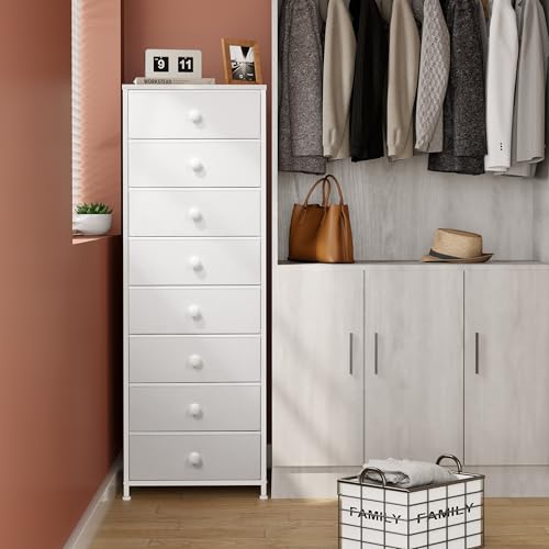 Fabric Dresser for Bedroom, 8 Drawer Tall Vertical Skinny Tower (White) | Wooden Top, Steel Frame, Easy Pull Bin,Organizer Unit for Living Room, Hallway, Entryway, Nursery, Closets - color: White, style: Narrow-8 Drawers