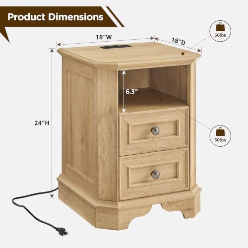 T4TREAM Farmhouse Nightstand with Charging Station, 18" End Table with 2 Drawers, Wood Side Table, Bedside Cabinet for Bedroom, Living Room (Natural Oak) - color: Natural Oak