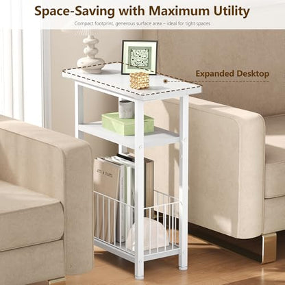 Heybly Narrow Side Table for Small Space, 25.2" Tall Nightstand HET004WT1 | Thin Bedside Table with Storage Basket, Skinny End Table, Couch Table for Living Room, Bedroom, Study, White - color: White, style: DIY Basket