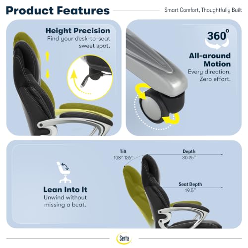 Serta Bryce Executive Office Chair - Ergonomic Computer DeskChair with Lumbar Technology - Adjustable Height - Memory Foam Body Pillows - 360° Swivel Rolling Base - Bonded Leather - Black - color: Black