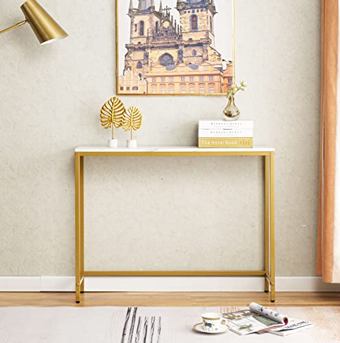loglus Small Console Table for Entryway, Faux Marble MDF Sofa Table with Golden Frame, Single Layer, White Marble, 9.45" D x 38.19" W x 29.72" H - color: White Marble, style: Single Layer