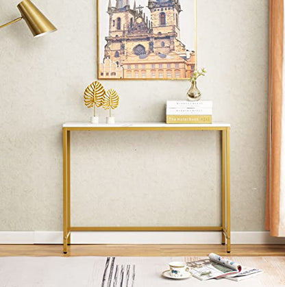 loglus Small Console Table for Entryway, Faux Marble MDF Sofa Table with Golden Frame, Single Layer, White Marble, 9.45" D x 38.19" W x 29.72" H - color: White Marble, style: Single Layer