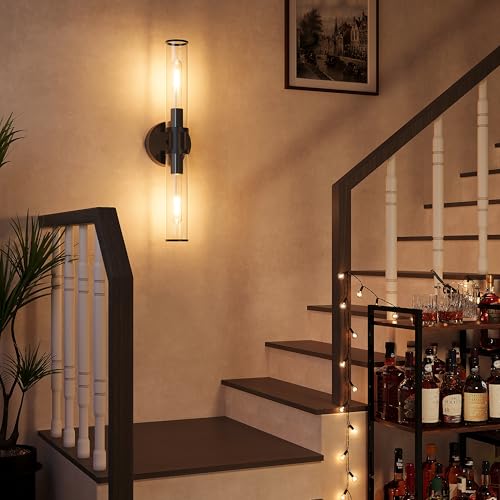 Rayogale Black Wireless Battery Operated Wall Sconces with Remote Control | Glass Rechargeable Wall Lights Set of 2 with Timer Function Dimmable for Living Room Bedroom Emergency 3000K, 20.5 Inch - color: Black(Clear Tubular Lampshade)